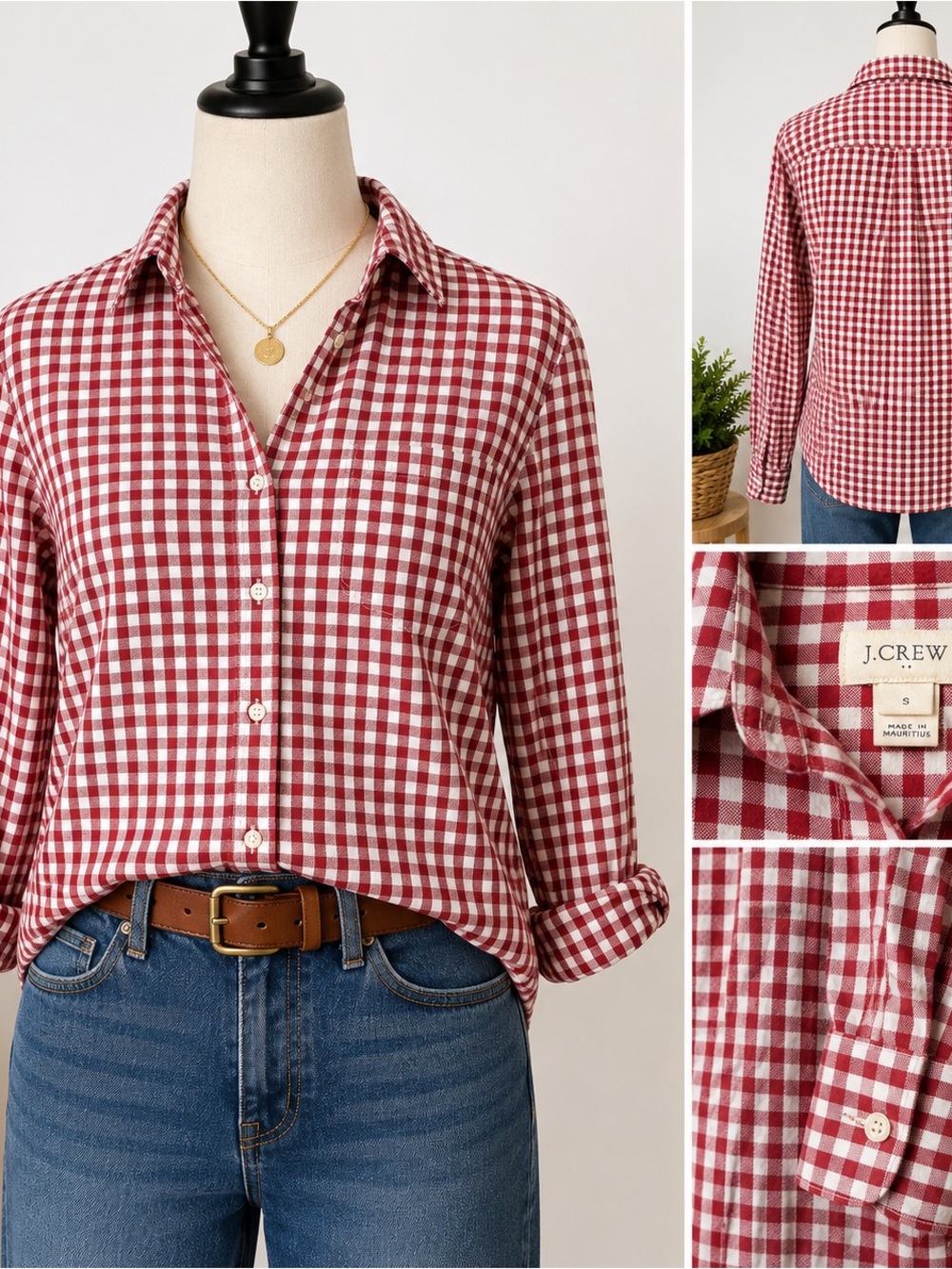 J.Crew S Red White Gingham Check Button Front Shirt 100% Cotton Classic Preppy